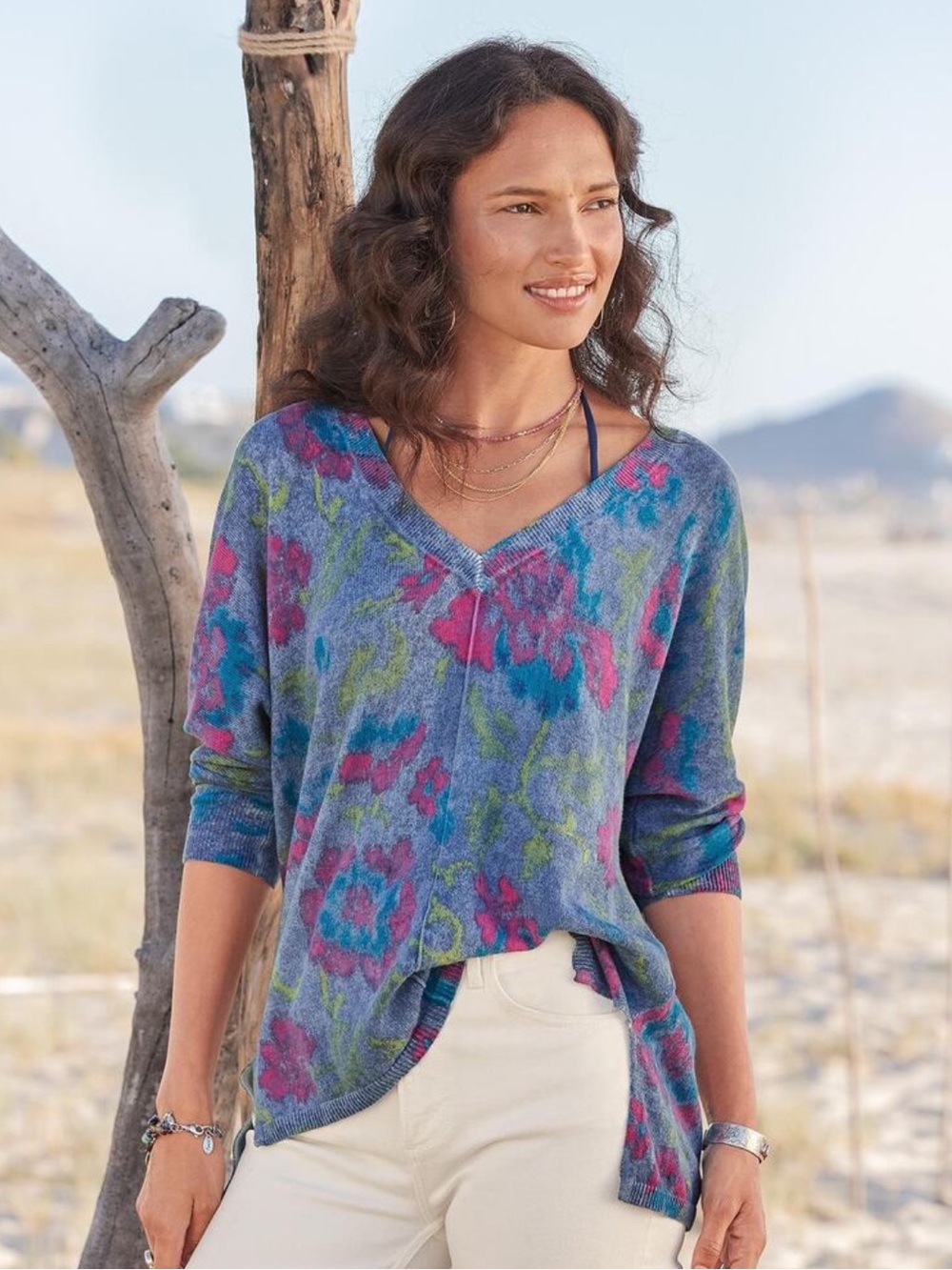 NEW! Sundance Floral Johanna V-Neck Sweater Blue Purple Watercolor Size L